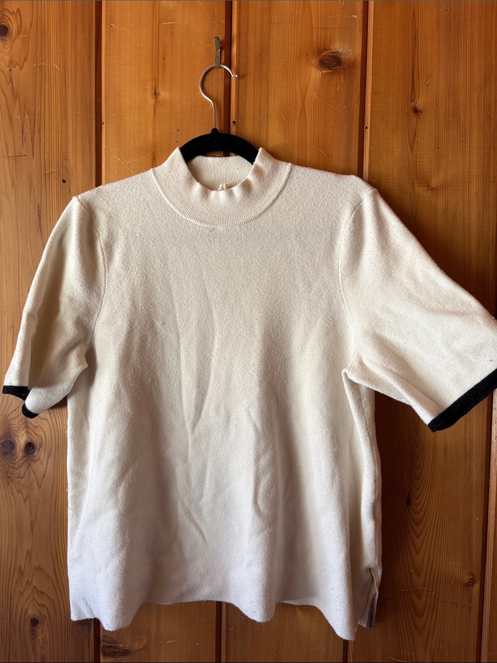 Anthropologie Cream Short-Sleeve Crewneck Sweater with Black Trim